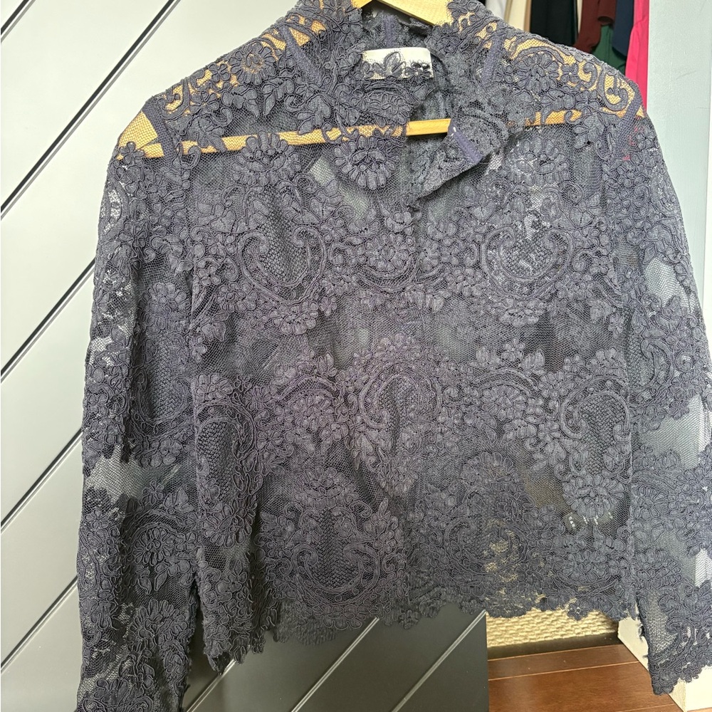 Aritzia Babaton Lace Long-Sleeve Sheer Blouse, Navy - only worn once, v elegant